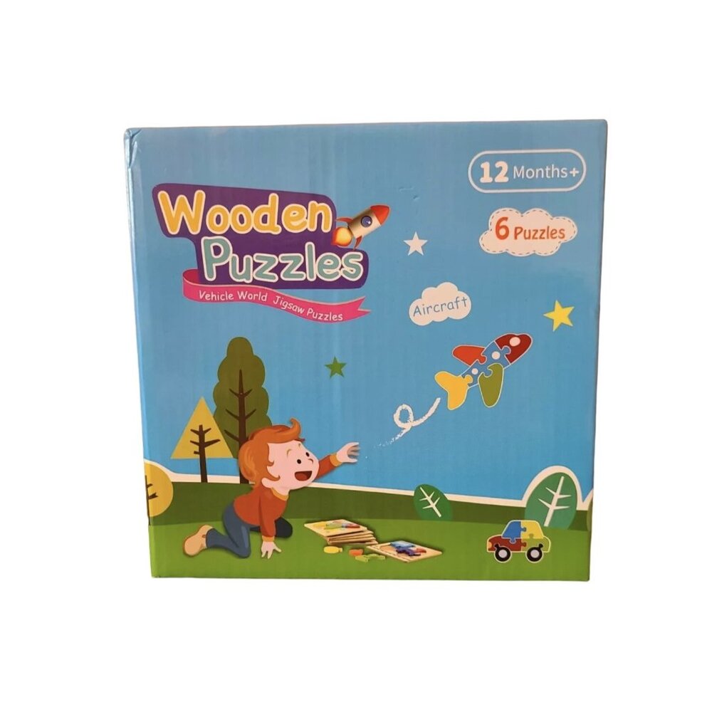 SKYFIELD Set of 6 Wooden Jigsaw Puzzles Vehicle World Montessori Learning